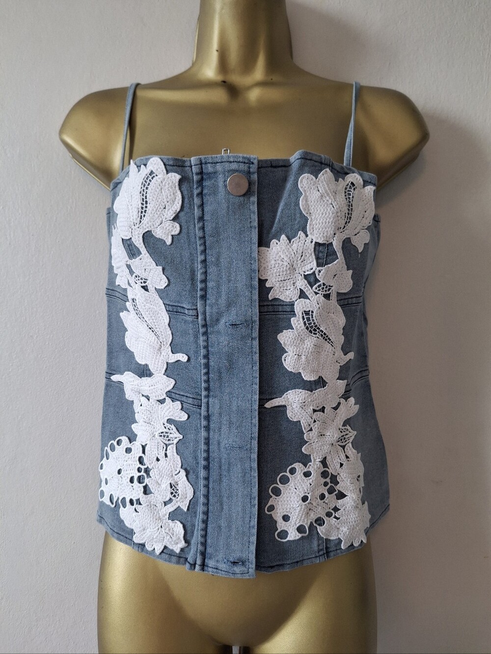 Denim Lace Appliqué Spaghetti Strap Corset Top - Blue